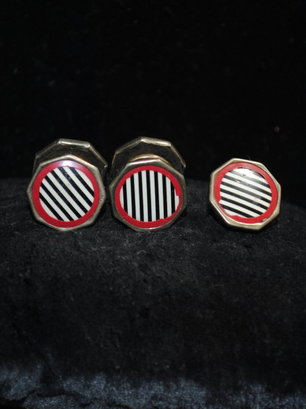 Antique Art Deco Red, White, & Black Striped Celluloid Eversnap Snap Cufflinks